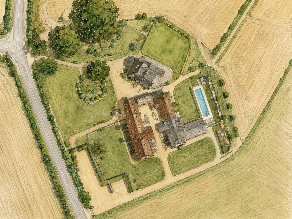 Aerial view of The Mount Barns showing the four barns, spa area, parking and surrounding grounds in rural Worcestershire